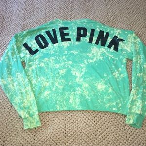 Pink Victoria’s Secret T Shirt Crop Long Sleeves Green Bleach Splash Look Small